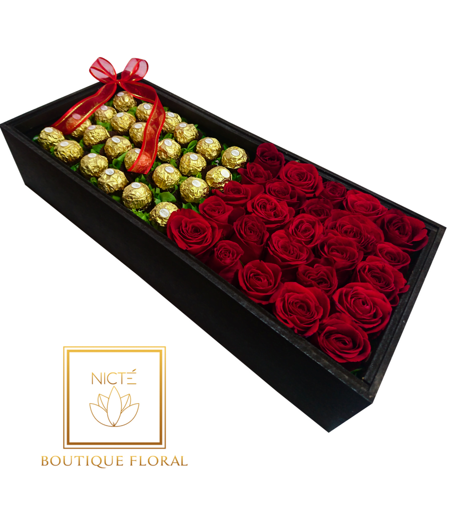 Caja con rosas y chocolates 48 piezas - Envío de flores a domicilio