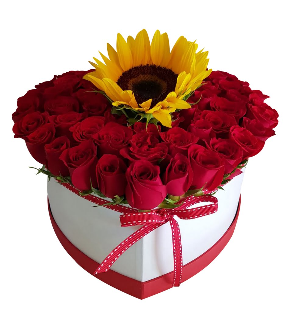 Caja de rosas de corazón con girasol - Envío de flores a domicilio