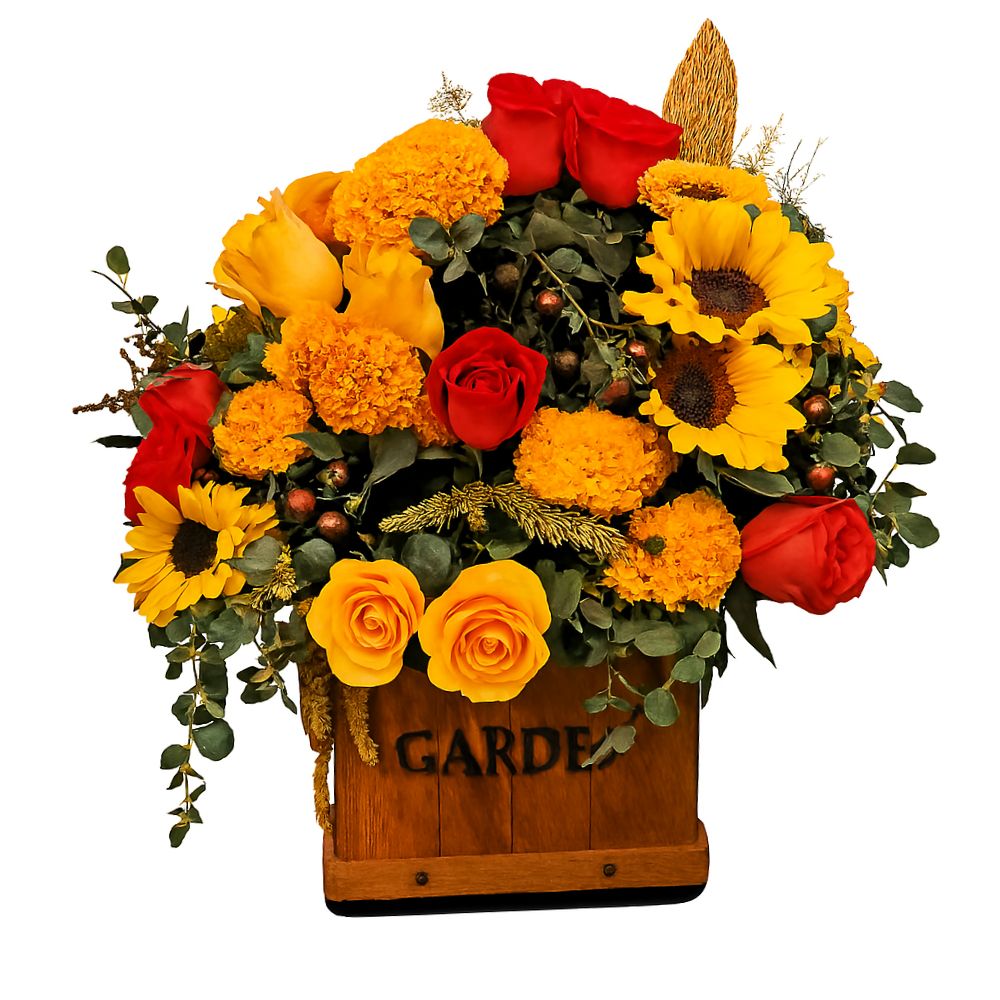 1 Arreglo para día de muertos en caja de madera 1 arreglos con flor de cempasúchil